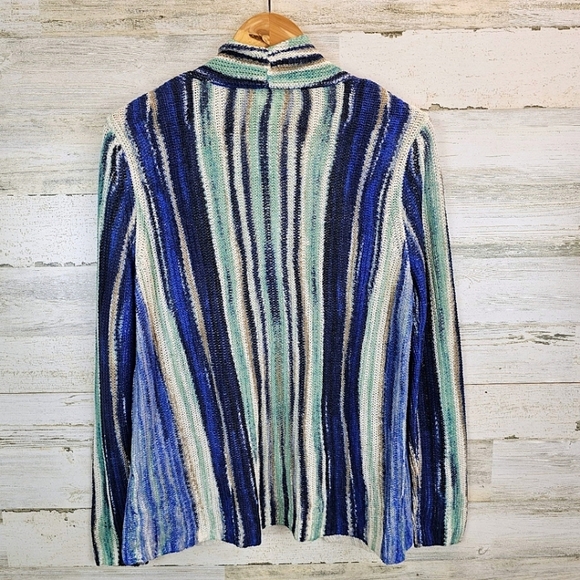 NWT Chico's Boho Linen Broken Stripe Cocoon Sweater Cardigan Medium Blue Cozy - Picture 10 of 16